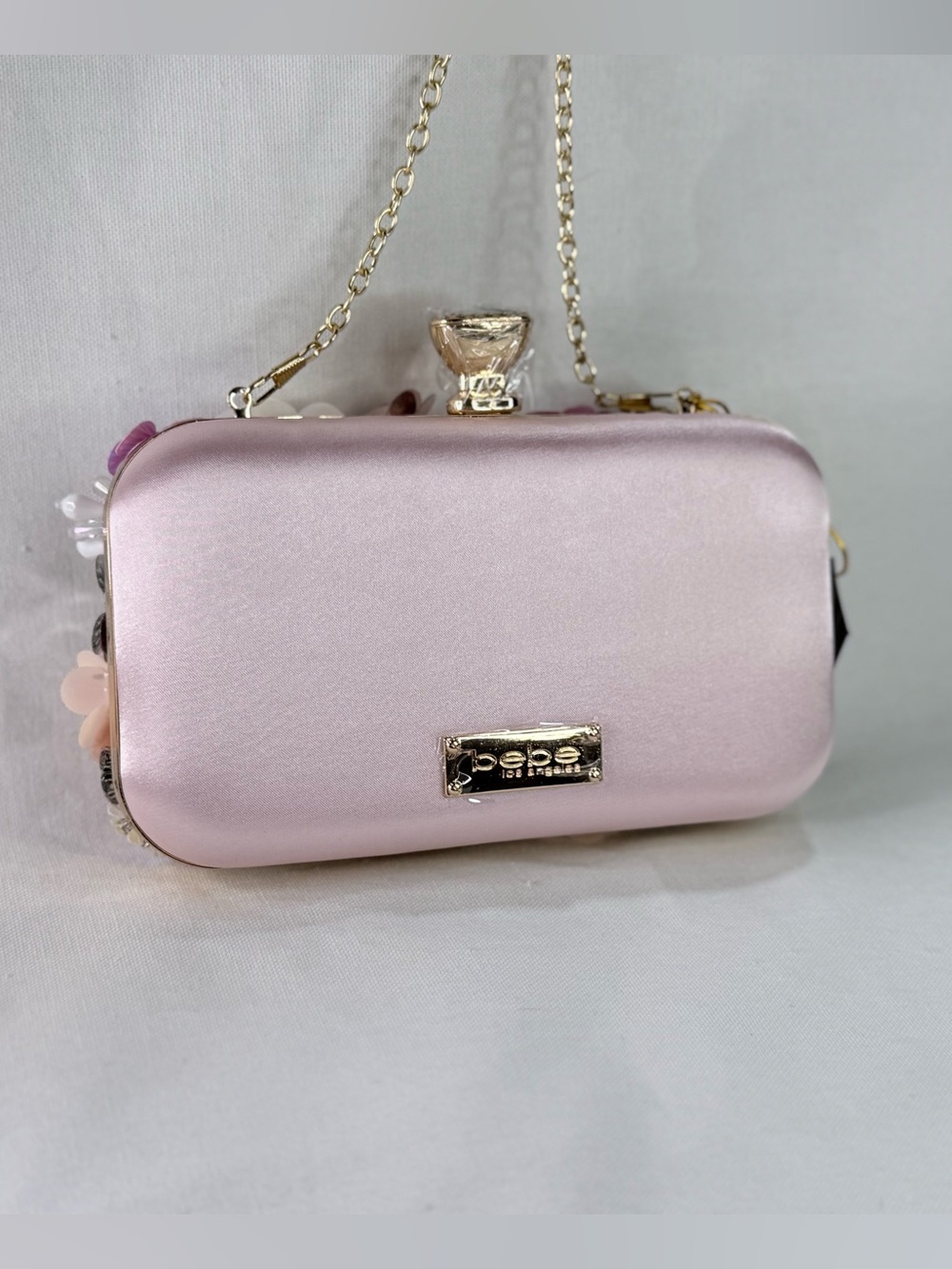 bebe Pink Floral Appliqué Evening Clutch with Gold Chain - Picture 2 of 8